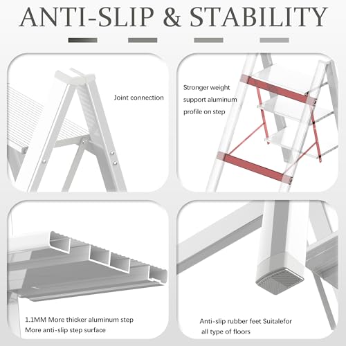 4 Step Ladder, Portable Folding, Lightweight Step Ladder with Anti-Slip Pedal, Aluminum Indoor Ladder and Closet, Kitchen, 330lbs - White — view 6