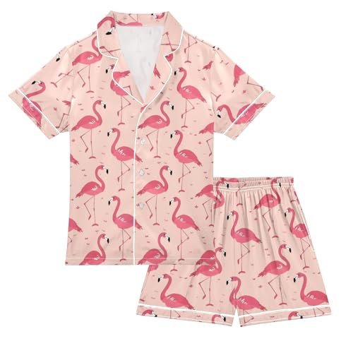 Gorgeous Pink Flamingo Pattern Summer Satin Pajama Set, Cute Button-Down Sleepwear Pj Set for Sleep Wears