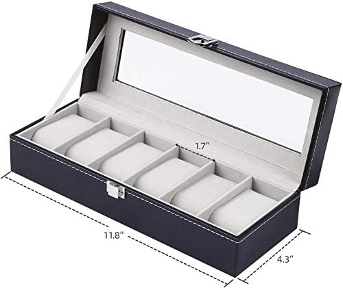 Watch Box, Ohuhu 6 Slot Watch Holder with Glass Lid, PU Leather Watch Case Watch Box for Men and Women, Watch Display Storage Box as Gift for Valentines Day Birthday, Gray