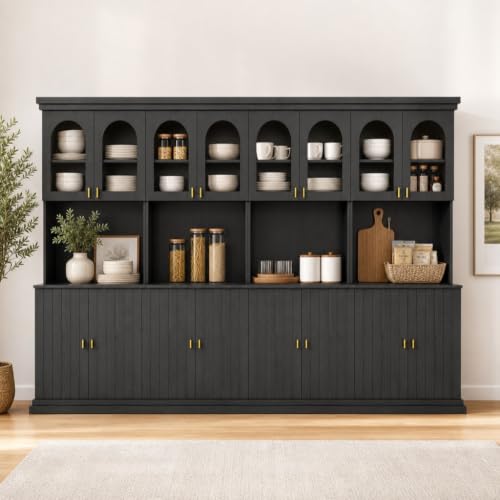 Image of ivaniti 71 inch Farmhouse Kitchen Pantry Cabinet Set of 4 with Arched Glass Doors, Black Freestanding Coffee Bar Hutch with Microwave Stand and Adjustable Shelves for Kitchen