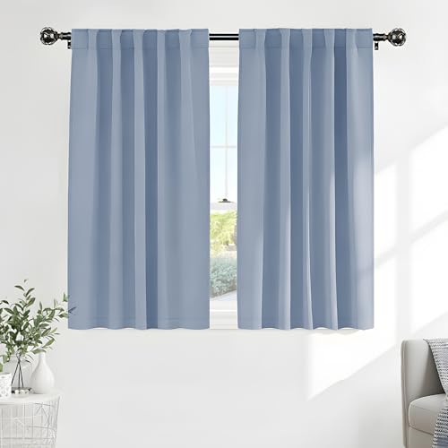 PONY DANCE Short Blackout Curtains Set - Nursery Short Curtain Panels Thermal Insulated Window Treatments Back Tab/Rod Pocket Light Blocking for Bedroom, 42 Wide 45 Long, Pigeon Blue, 2 Panels