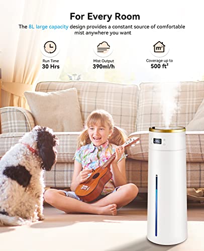 Smart Humidifiers For Large Room Bedroom, 8L Large Humidifier Works With Wifi Alexa, Ultrasonic Cool Mist Plant Air Humidifier Indoor, Top Fill Baby Humidifier, 3 Speed Humidistat, Timer, White/Gold #TOP2