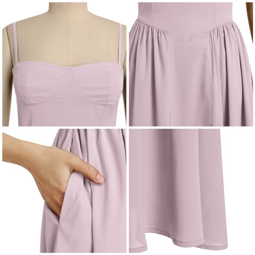Image of ABEHIK Casual Dresses for Women Boho Spaghetti Strap Corset Midi Dress with Pockets Low Cut Flowy Pleated Bustier Sundress