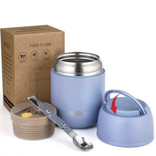 17 oz Insulated Lunch Containers Hot Food Jar, Wide Mouth Lunch Thermo for Hot Food Kids Adults, Vacuum Stainless Steel Thermo Lunch Box With Handle Folding Spoon for School, Office(Grayish Blue)