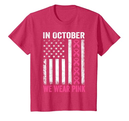 in October we Wear Pink Us Flag Breast Cancer Awareness T-Shirt, Youth, Red Heather, Small