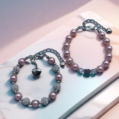 Image of DOLON 2 Pcs Imitation Pink Pearls Crystal Beads Heart Charm Bracelets Gift for Granddaughter,Sister,Daughter with Graduation Birthday Christmas First Day Wish Card