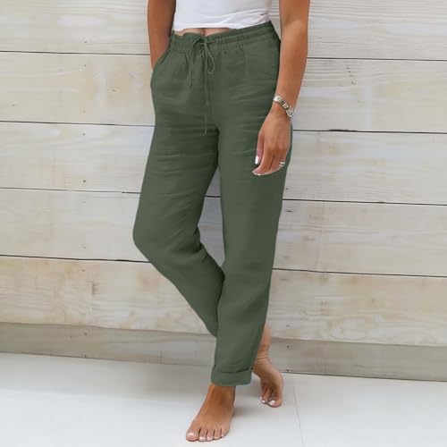 Pantalon lin taille haute fluide modèle décontracté avec poches coupe 7/8 d'été