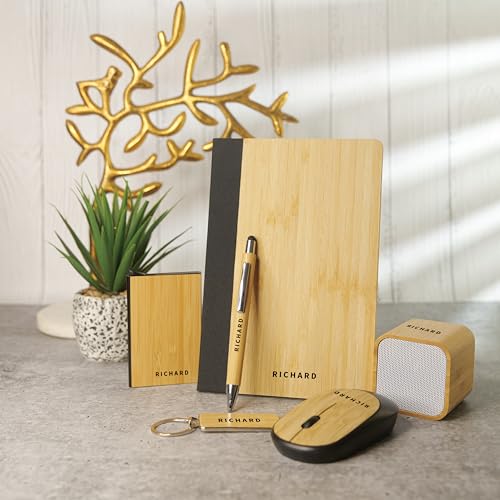 Image of Personalised 6 in 1 Corporate Gift Set which Includes Diary,Keychain, Speaker, Pen,Cardholder & Mouse. Bamboo Gift Set for, Employee of The Month, Corporate Gift for Clients.