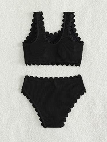 SHENHE Girl's Scallop Trim Scoop Neck Sleeveless Solid 2 Piece Bikini Swimsuits2