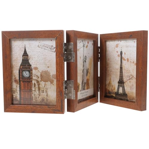 OSALADI Marco de Fotos Plegable Triple, Color Marrón Oscuro, Tamaño 6 Pulgadas, Soporte de Mesa para 6 Fotos, Marco Retro Decorativo para Hogar y Oficina, Portafotos Multifotos Práctico