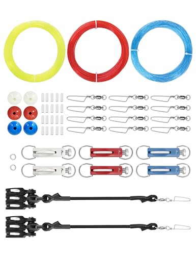 BLUEWING V3 Upgraded Triple Outrigger Rigging Kit All-in-One with 400lb Mono Line, Release Clips, Pulley, Snap Swivels, Crimps, Ball Stops and Rings for Outrigger Setup, Model C