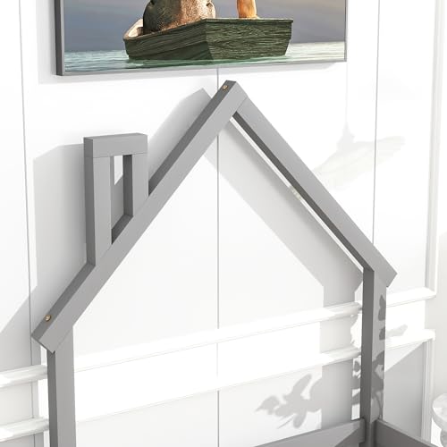 Twin-House-Shaped-Headboard-Floor-Bed-with-FenceGrey Twin House Shaped Headboard Floor Bed with FenceGrey
