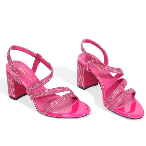 Image of Heels For Women Heeled Sandals High Chunky Heels Strappy Open Toe Rhinestone Round Toe Comfortable Sparkly Dress Wedding Shoes Bridal Prom