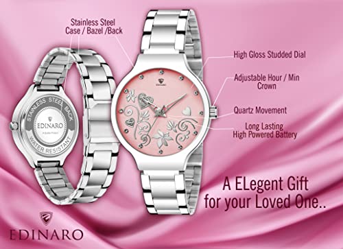 EDINARO Gorgeous Analogue Round Studded Dial Watches for Women and Ladies Watch with Stainless Steel Adjustable Bracelet Strap with Double Lock Clasp Watches for Girls