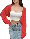 LOFAAC Women Y2K Open Front Rib Knit Shrug Crop Cardigan Solid Drop Shoulder Puff Long Sleeve Sweater Tops(M,Red)