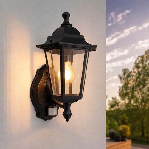 Ledvion - Lámpara de Pared LED con Sensor de Movimiento, Casquillo E27, IP44, Negra y Clásica, Lámpara Exterior, Iluminación de Jardín