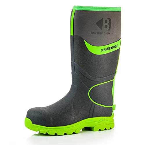 Buckbootz BBZ8000 GREY GREEN BUCKLER Hi VISABILITY FULL SAFETY WELLINGTON BOOT ANKLE PROTECTION & SUPPORT WATERPROOF METAL FREE (uk_footwear_size_system, adult, men, numeric, wide, numeric_10)