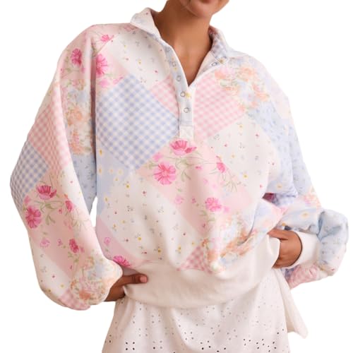 SOLILOQUY Women's Y2K Floral Patchwork Sweatshirt Oversized Half Button Collared Loose Vintage Boho Pullover Top Streetwear (Pink, M)