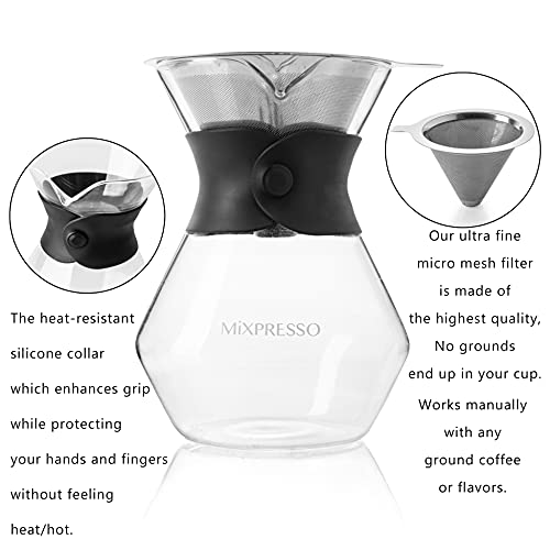 Mixpresso Pour Over Coffee Maker Set Glass Carafe Borosilicate White Protective Silicone Sleeve, Pour Over Coffee Dripper Brewer With Double-layer Stainless Steel Filter 13.5 Oz by Mixpresso - Image 2