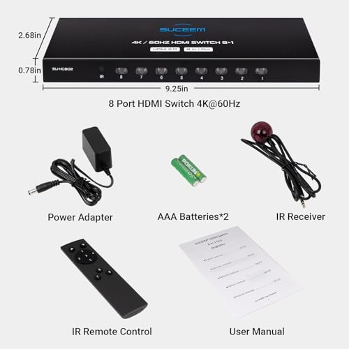 4K@60Hz HDMI Switch 8 in 1 Out, HDMI Switcher Selector Box with IR Remote Control, Support 4K 60Hz Ultra HDR HDCP 3D for Xbox PS5 PS4 Xbox PC Laptop - Thumbnail 7