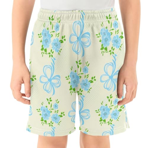 Light Blue Flowers Athletic Shorts with Zipper Pockets, Youth Boys Athletic Running Shorts for Summer2