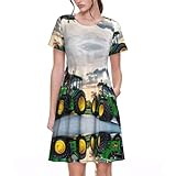 Uusnwaa Damen Sommer Casual Kurzarm Rundhals Ersatzteile für Landmaschinen Drucken Kleider Strand Party A-Linie Kleider mit Taschen, Schwarz , L