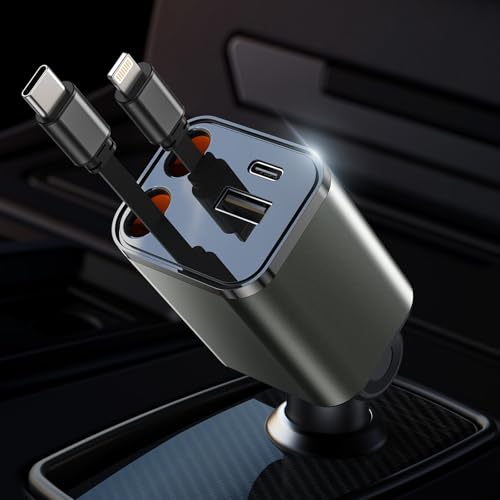 [2025 Compact] 4 in 1 Retractable Car Phone Charger 87W,PD3.0 QC4.0 Fast USB C/Lighting Retractable Car Charger with Dual Cords,Small Multi Cigarette Lighter for 16 15 14 13,Pad,Samsug,Android