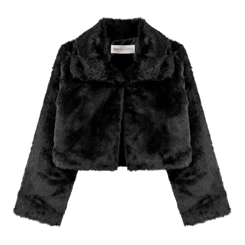 BOLEROSE Girls Cozy Faux Fur Childrens Kids Collared Bolero Shrug Jacket Coat (Black, 7-8 Years)