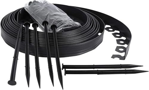 Flexible Garden Border Edging 10m-50m with Plastic Pegs – Lawn, Path & Flower Bed Divider, 32ft Black, 4cm High, Heavy-Duty Ground Stakes, Durable All-Weather Reinforced Landscape Edge