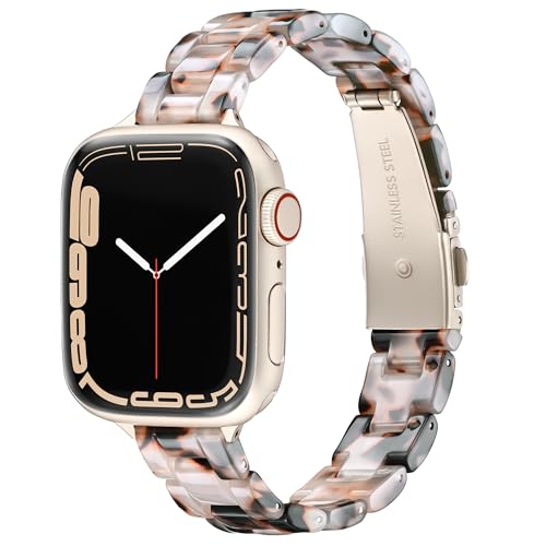 Vamyzji Resin Band Compatible with Apple Watch Band 42mm 41mm 40mm 38mm, Slim Apple Watch Bands with Stainless Steel Buckle for iWatch Bands SE Series 10 9 8 7 6 5 4 3 2 1, Tortoise Flower Starlight
