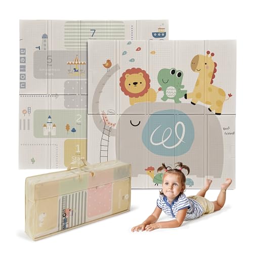 MS BabyWorld - Trendy - Alfombra de Juegos para Bebé 3 tamaños a elegir- Doble Cara, Tapete Muy acolchado (1cm Grosos), Plegable y con Bolsa de transporte (120 * 120, Leon/Arcoiris)