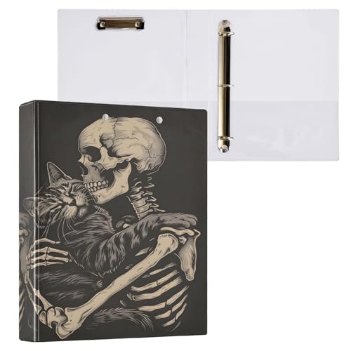 Image of Funny Cat Skeleton Skull Black 3 Ring Binder with 2 Interior Pockets 1.5 inch Binders 3 Ring Heavy Duty Fit 8.5 inch x 11 inch Letter Size for Office School, 2 Pack