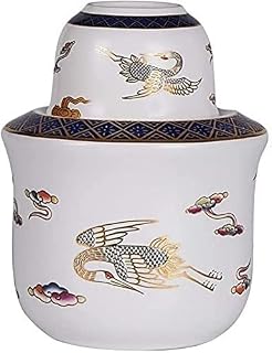 Japanese Sake Set 3 Pieces – Multicolored Crane Hand-Painted Porcelain Sake Pot, Cup & Warmer for Warm/Cold Sake Service