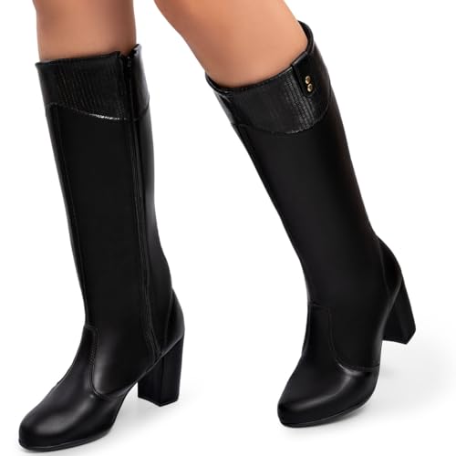 Bota Feminina Cano Longo Alto Salto Bloco Grosso Confortável preto35