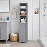 Saxony® Bathroom Storage Cabinet with 3 Shelves and 1 Door Tallboy Storage Unit Wooden Furniture Tall Narrow Cupboard Slim Floor Cabinets Standing Design Grey