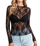 V FOR CITY Women Long Sleeve Lace Mesh Top See Through Sexy Top Y2K Going Out Tee Black M