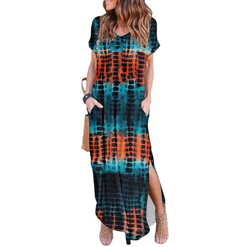 HUSKARY Women's Summer Maxi Dress Casual Loose Pockets Long Dress Short Sleeve Split Maxi Dresses Medium Tiedye Cyan
