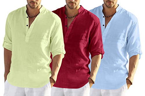 Image of Men's Cotton Blend Combo Short Kurta with Mandarin Collar Neck Full Sleeves Solid Pattern Curved Hemline Regular Fit and Standard Length (Pack of 3)