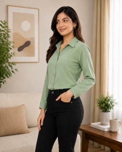 Image of FUNDAY FASHION Women Solid Regular Fit V Collered Casual Shirt