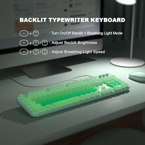 Image of MOFII Backlit Keyboard Wired, Retro Typewriter Keyboard with Illuminated LED, Cute Full Size Computer Keyboards Plug and Play for PC Laptop Desktop - Light Green