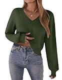 Zeagoo Womens Cropped V-Neck Sweater Lantern Sleeve Ribbed Knit Pullover Sweater Fall Fashion 2025 Army Green