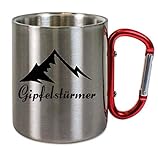 blechtassen silber Creativ Deluxe Edelstahltasse mit Carabiner Gipfelstürmer Blechtasse, Campingtasse,Kaffeetasse mit Motiv,Bürotasse, Bedruckte Tasse mit Sprüchen oder Bildern