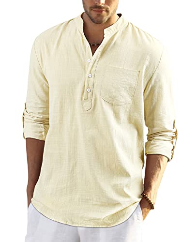 Enlision, Camisa de lino de manga larga para hombre con cuello Henley y botones, estilo casual, hawaiana de color liso, para interiores, playa, hippie, Albicoque., L