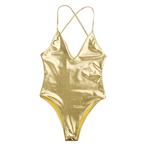 Msemis Women's Shiny Metallic One Piece Camisole Dance Leotard Bodysuit Bodycon Thongs Monokini Swimsuit Gold Cross Back Medium #TOP4