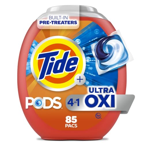 Tide PODS Laundry Detergent Soap with Ultra Oxi 4-in-1 Detergent, 85 Count, Built-in Pre-Treaters, Set-in Stains, Color Protecters, HE Compaible