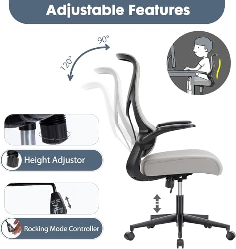 Image of Sweetcrispy High Back Office Chair - Ergonomic Computer Gaming Mesh Chairs with Lumbar Support, with Soft Flip Up Arms, Adjustable Height and 360 Wheels, Light Grey