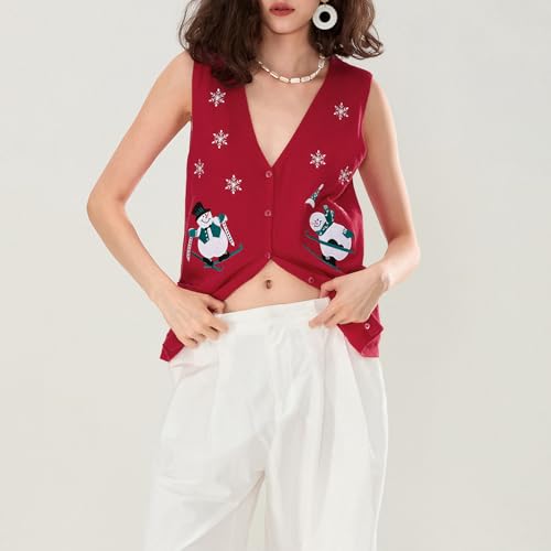 Image of Women Christmas Sweater Vests Santa Claus Print Sleeveless Knit Cardigan Vest Christmas Holiday Tank Top