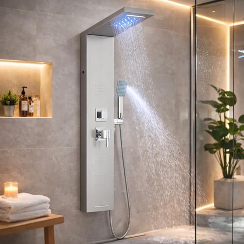 TVTIUO Sistema de Panel de Ducha LED de Panel de Ducha 5 en 1: Lluvia,Cascada,2 Chorros de Masaje Corporal Ducha de Mano y Boquilla -Acero Inoxidable