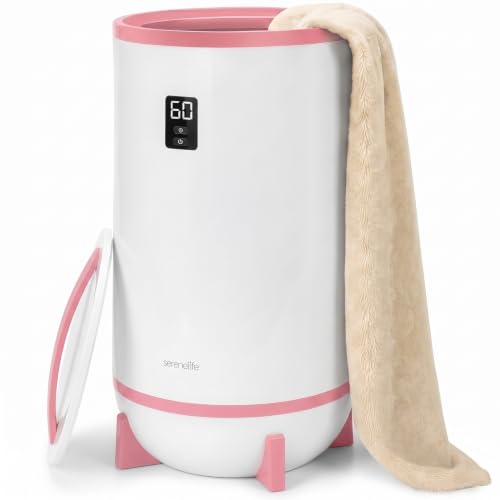 SereneLife Towel and Blanket Warmer - Single Touch Portable Towel Heater for Bathroom Fragrant Disc Holder LED Ring 2 Large Towel Capacity Built-in Timer (15-60 mins) Auto Shut-Off (Pink)
