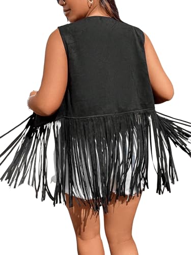 Floerns Women's Plus Size Open Front Sleeveless Fringe Hem Vest Jacket2